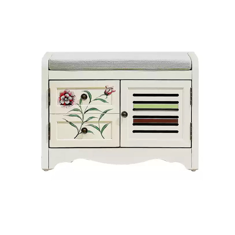 Vintage Upholstered Shoe Storage Bench, White