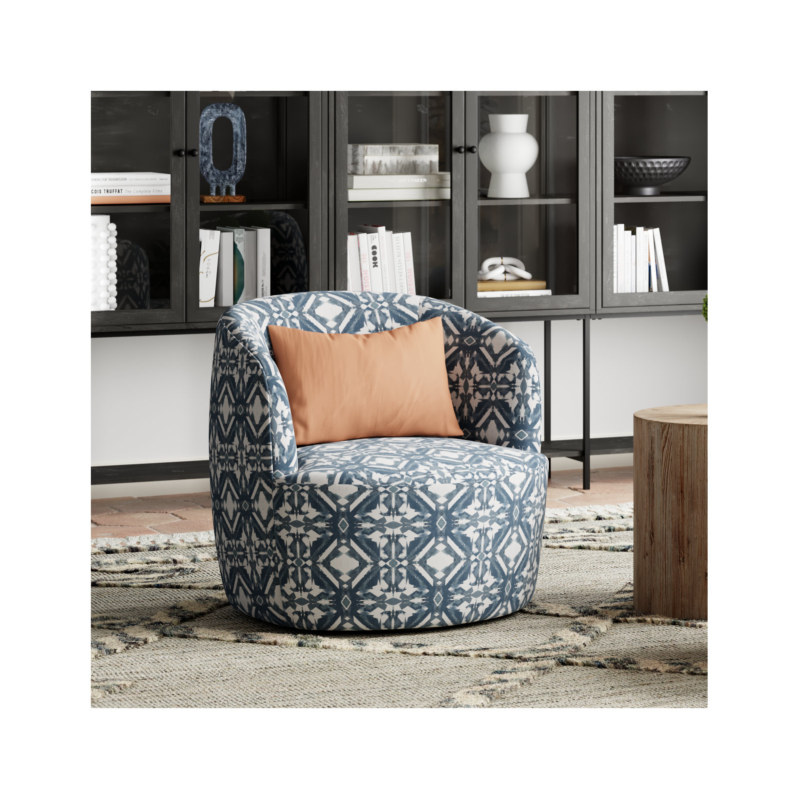 Mina Swivel Barrel Chair, Asha Blue Ikat