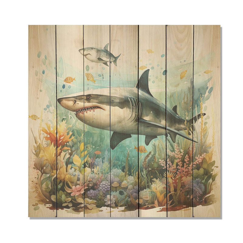 Curious Shark Ocean Blooms III - Shark On Wood Print, 15" H x 15" W