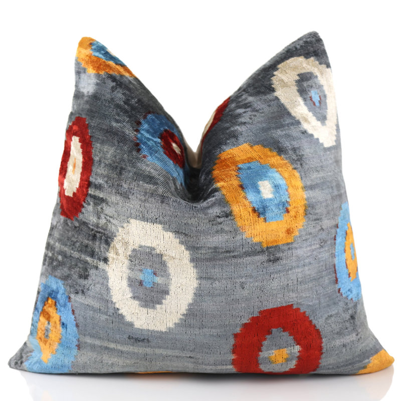 Coussin décoratif en velours de luxe fait à la main - Gris tissé à la main avec motif circulaire | Insert de plumes inclus