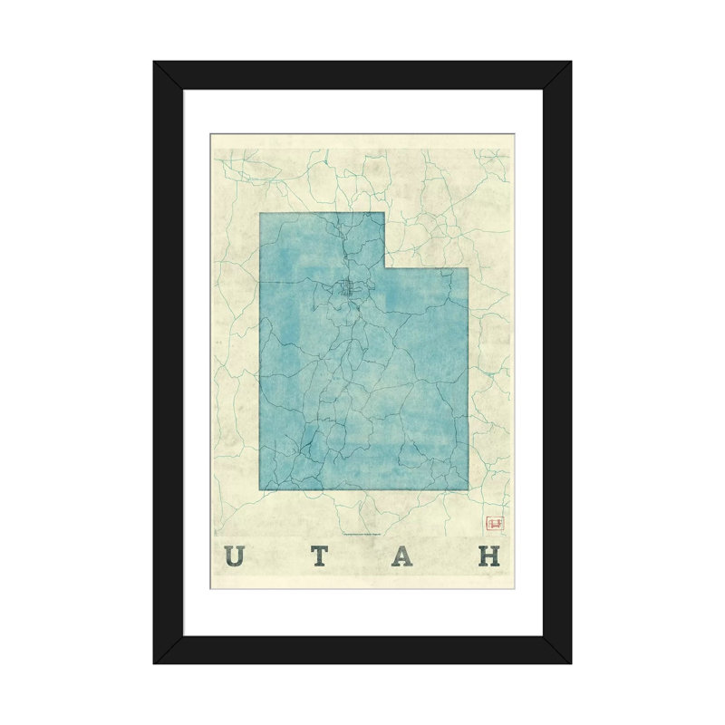 «Utah Map», impression sur toile, H 24 po x l 16 po x P 1 po, Papier beaux-arts encadré noir, Blanc