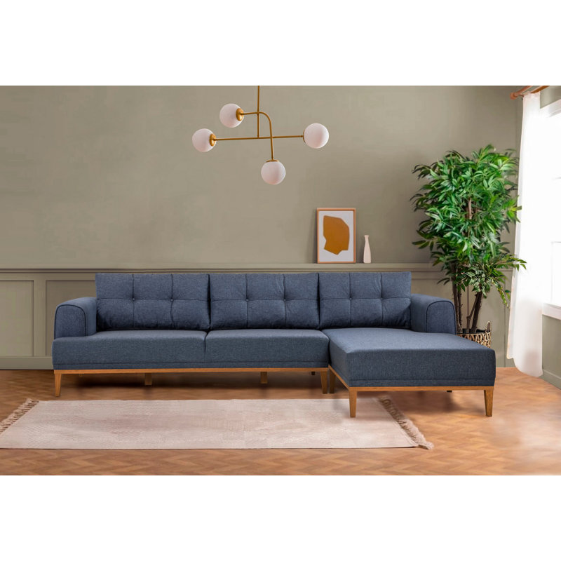Canapé d’angle, Mélange de polyester bleu, Noyer