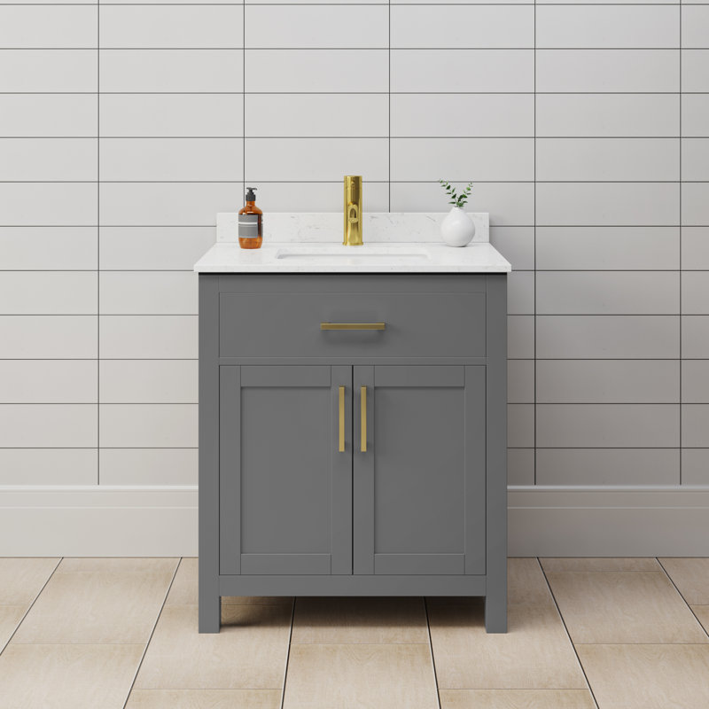 Beckett 30" Freestanding Single Bathroom Vanity with Cultured Marble Top, Carrara Cultured Marble, Brushed Gold, Green