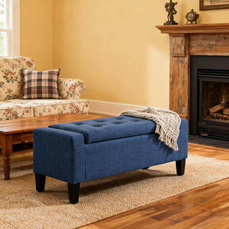 Storage Ottoman Bench,Upholstered Entryway Bench With Seating,With Lift Top And Rubberwood Legs, Dark Blue
