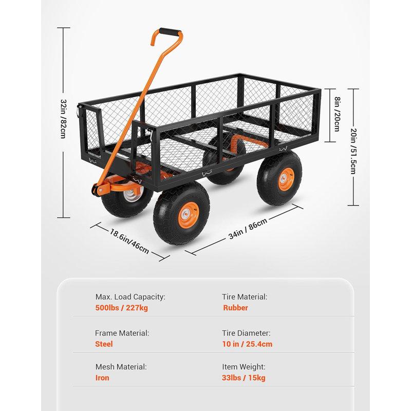 Chariot de jardin robuste en acier, chariot de jardin 3 en 1, H 2,7 pi x l 1,6 pi x P 2,8 pi, Orange