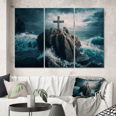 " Religious Cross In The Ocean Breaking Waves I " 3 - Pieces
