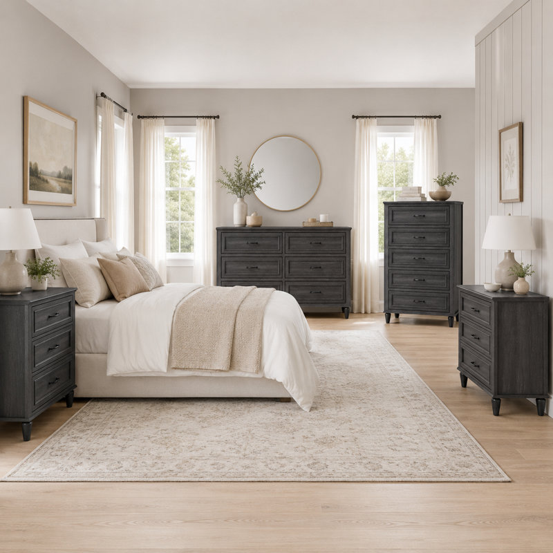 4-Piece Bedroom Set, Two 3-Drawer Dressers, 5-Drawer Chest and 6-Drawer Dresser with Interlocking Drawer System, Charcoal