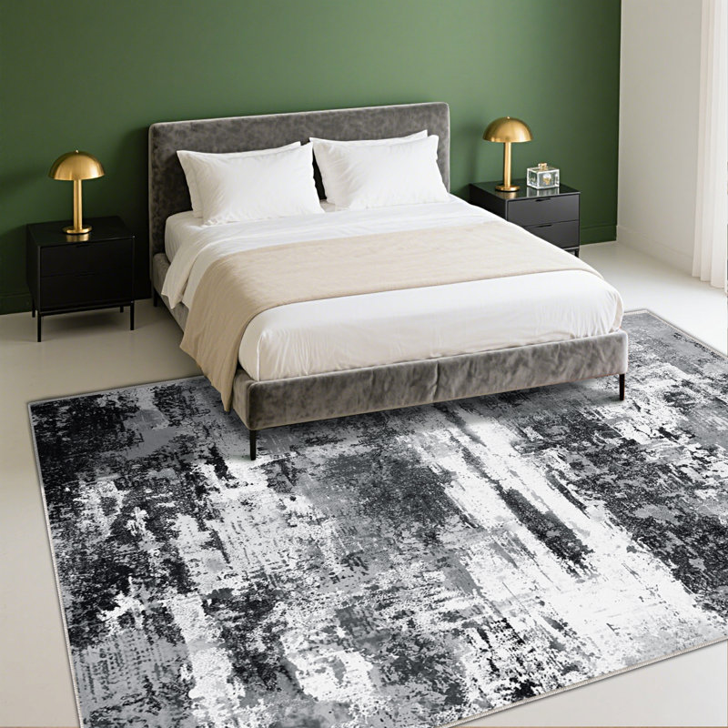 8x10 Low Pile Carpet, Washable Low Pile Area Rugs for Living Room, Black Modern Abstract Rugs for Bedroom Dining Room Table Home Decor Use, Large Tumble Rug for High Traffic Area, Non Slip