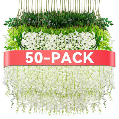 Fleurs de glycine suspendues, fausses fleurs suspendues, guirlande de glycines artificielles pour la maison, arche de mariage, fête florale, décoration de jardin, 3,6 pieds de long (50 pieds, blanc)