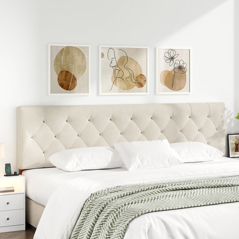 Adjustable Height Upholstered Headboard,Foldable King Beige, Beige, King