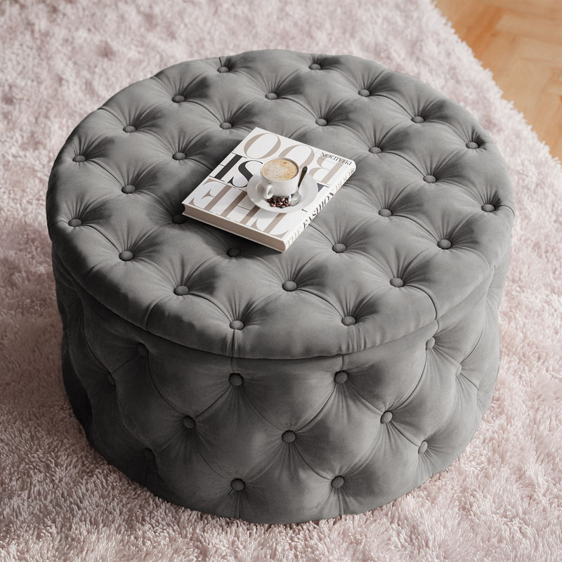 CHESTERFIELD Round Upholstered Pouf Hocker 70 cm, Light Grey Polyester