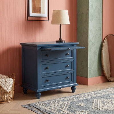 3-Drawer Nightstand with Pull-Out Tray, Rubber Wood Legs, Iron Handles and Finished Back for Bedroom