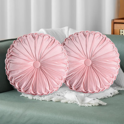 Set Of 2 Pink Ruched Round Throw Pillows – 14.5’’ Decorative Pillows With Soft Polyester Filling For Couch, Bed, Living Room, Bedroom, Or Dorm – Handmade, Stress Relieving, All-Season