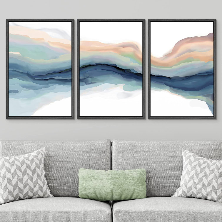 SIGNLEADER Framed Canvas Print Wall Art Set Pastel Watercolor Teal Brown Paint Stroke Landscape Abstract Shapes Illustrations Modern Art Decorative For Living Room, Bedroom, Office