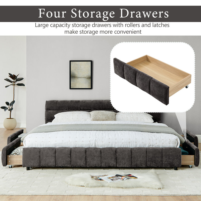 Modern Minimalist Upholstered Platform Bed Frame With Chenille Upholstered Headboard, Memory Foam Support & Built-In Storage