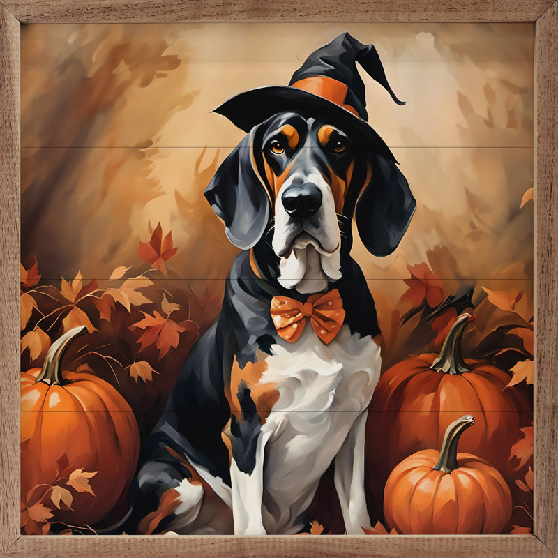«Basset hound d'Halloween» sur bois, H 12 po x l 12 po