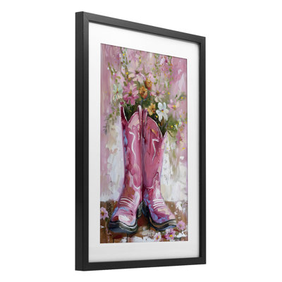 Floral Boots Pink Cowgirl Framed Print Under Glass, design by LSR Design Studio