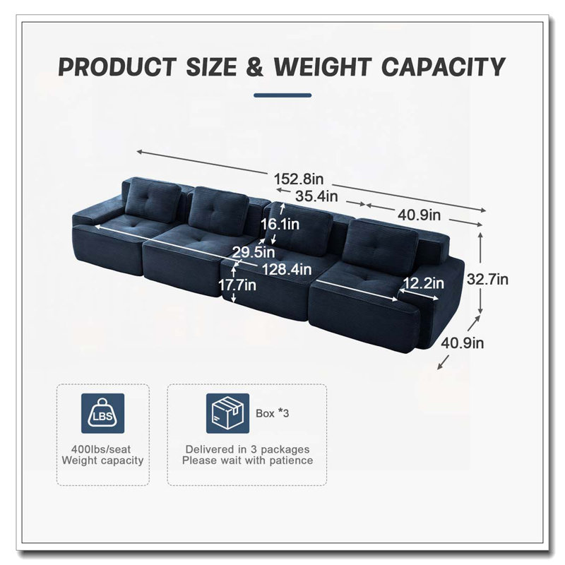 Canapé modulaire en tissu Corduroy, Bleu