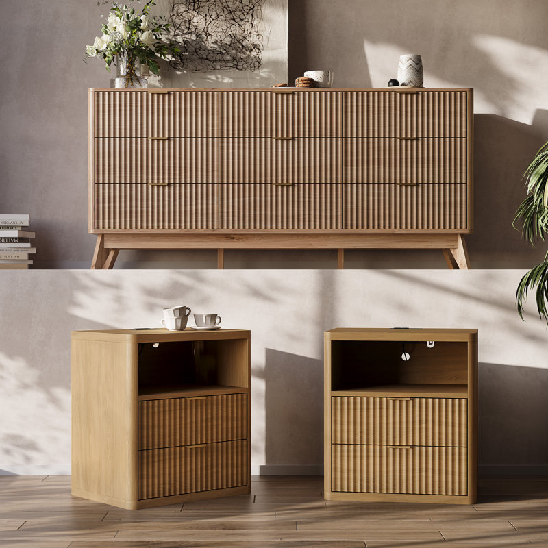 Ensemble de chambre à coucher 3 pièces, commode 9 tiroirs et tables de chevet 3 tiroirs, Noir