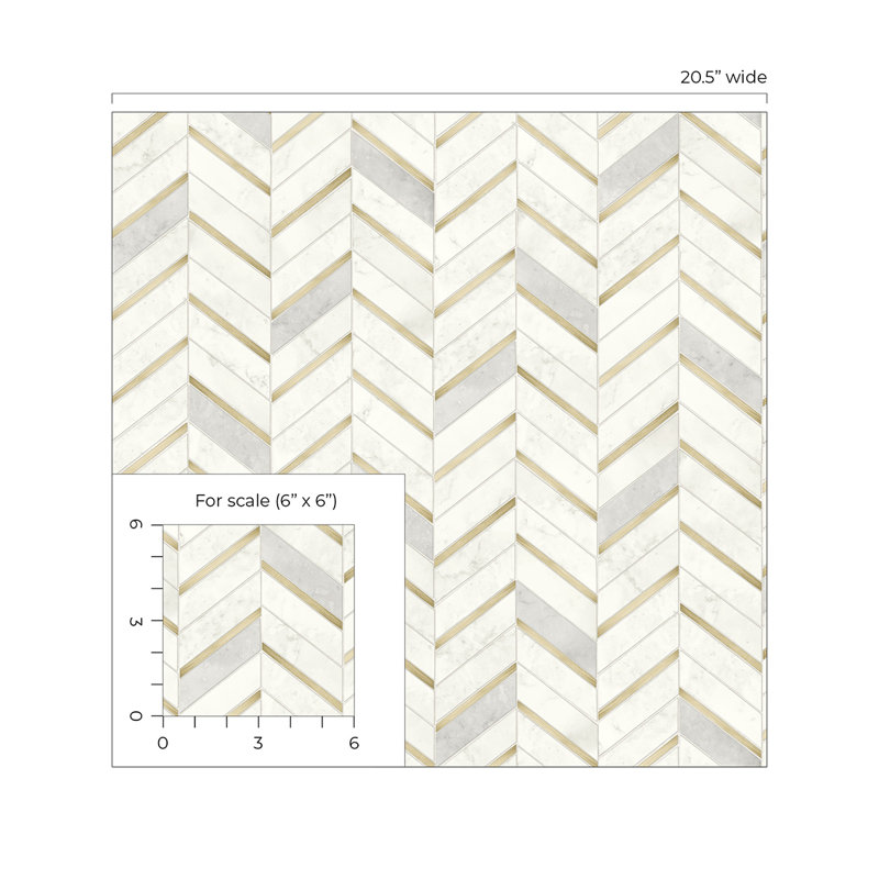 Cachet Marble Tile 18' L x 20.5'' W Peel and Stick Wallpaper Roll, Metallic Gold & Pearl Grey, 33' L x 20.5" W