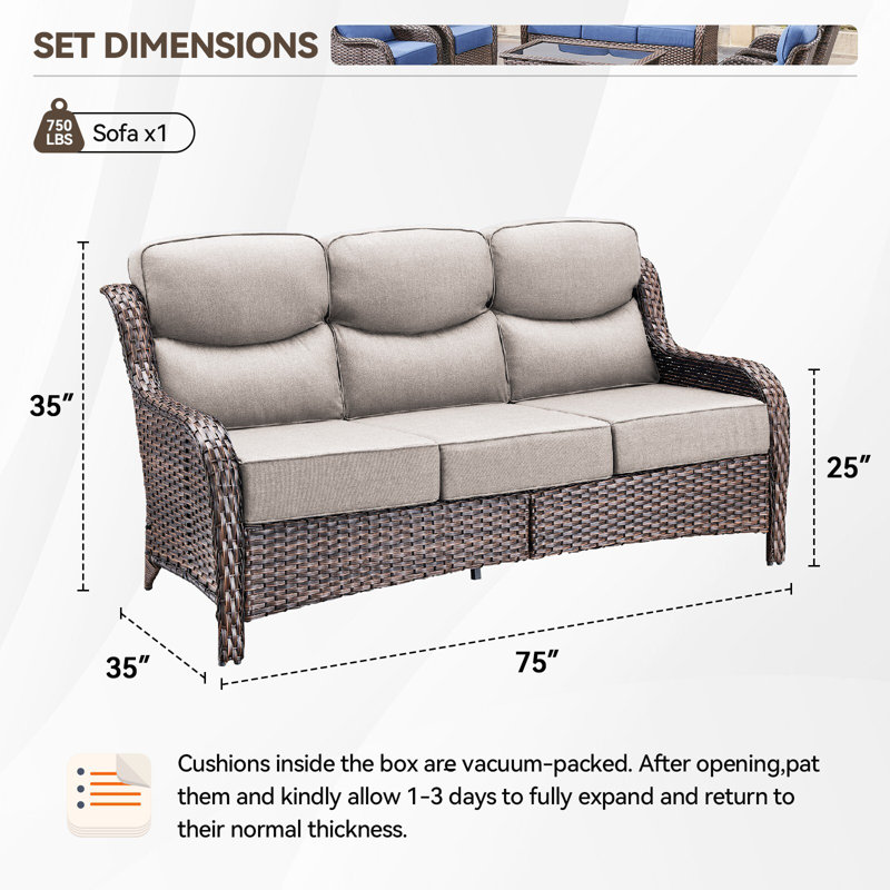 Meriline 75" Wide Straight Outdoor Wicker Patio Sofa With 6" Thick Cushions, Beige, Brown