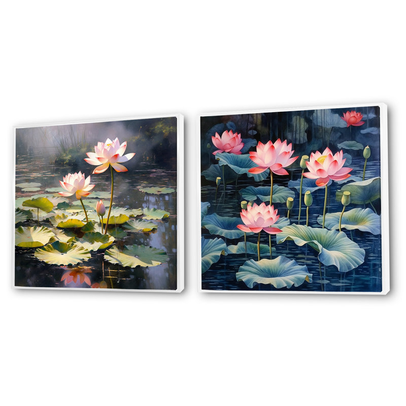 Aquarelle lotus lotus de sagesse - lot de 2 lotus carrés, Cadre flottant blanc, H 30 po x l 61 po