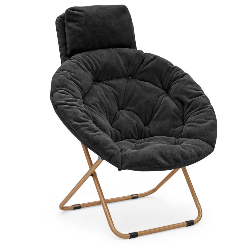 Upholstered Foldable Saucer Chair with Headrest, Cozy Accent Chair Lounge Moon Chair for Living Room Bedroom, Black