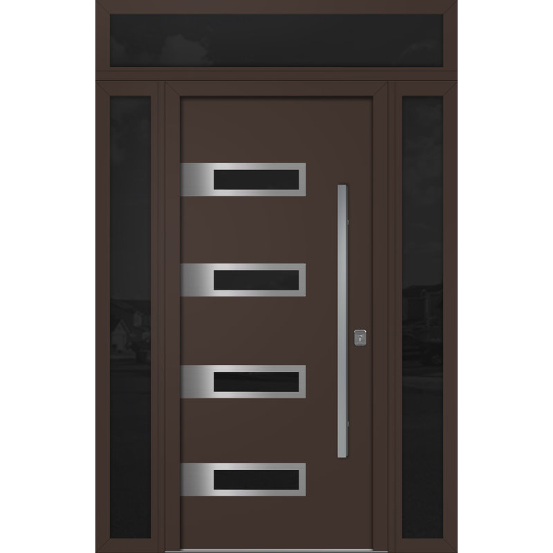 Modern Exterior Entry Steel Door 36in x 80in - Inox S4 with Sidelights and Transom, Brown, Left Hand