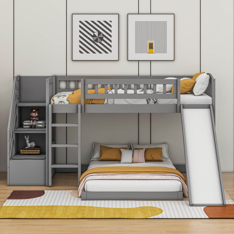 Ciannah Twin over Twin Bunk Bed with Two Drawers and Slide, Gray