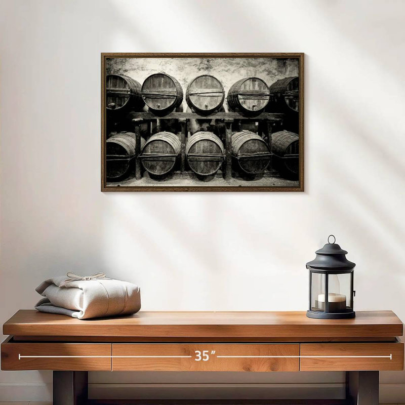 Tonneaux de vin, 19 po x 13 po, Cadre flottant en noyer