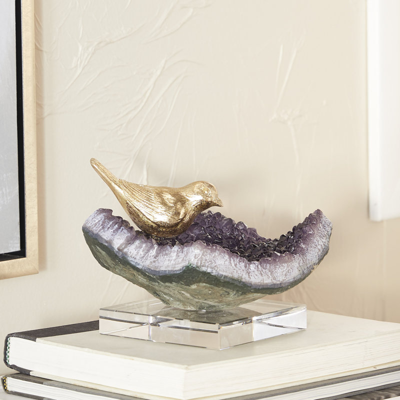 Amaure Polystone Bird Decorative Multi Colored Sculpture with Amethyst and Acrylic Stand