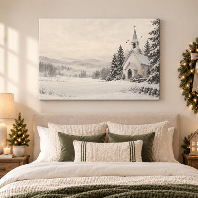 «White Country Church in Snowy Field with Distant Christmas», art mural sur toile