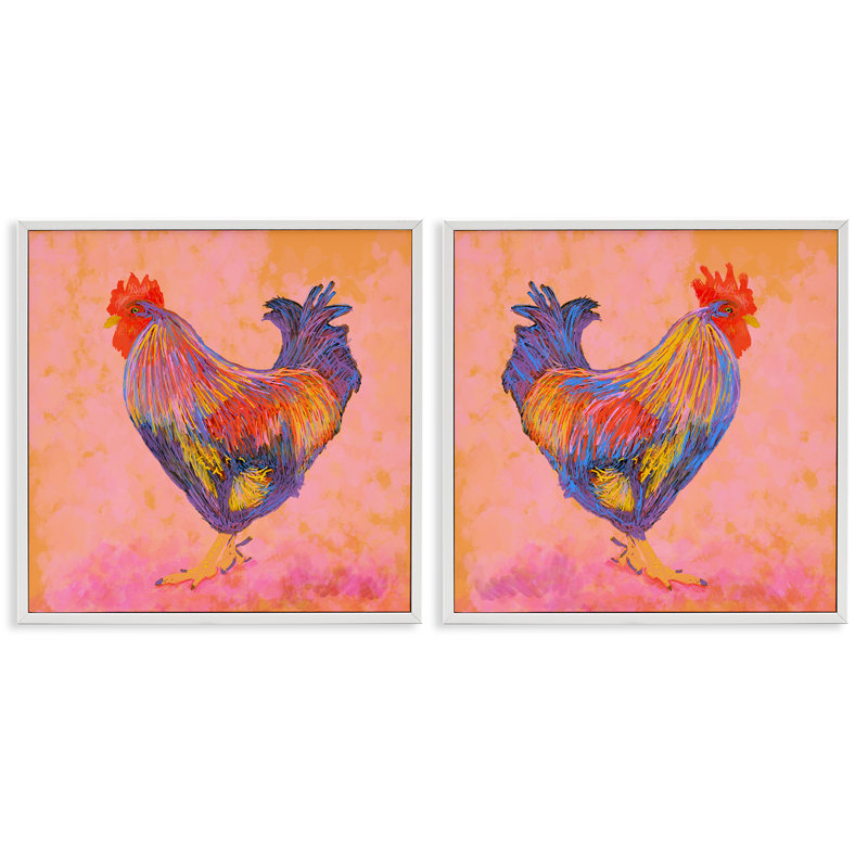 Coq avec des tons chauds, ensemble de 2 estampes numériques, design par Dina Riddle, H 24 po x l 24 po