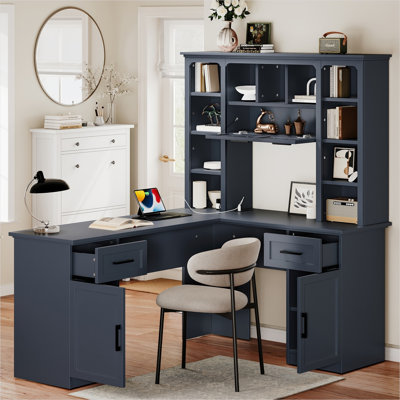 L-Shaped Executive Desk with 2 Cabinets, 2 Drawers, 11 Open Shelves, Right Flip Shelf, and Built-In Power Outlet, Blue Finish