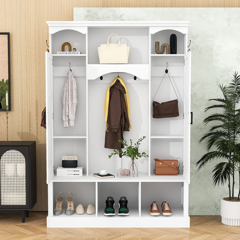 Sophisticated Wood Hall Tree with Hooks, Elegant Arch Details and Adjustable Shelves, White