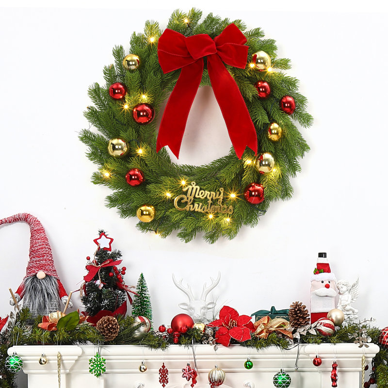 Couronne de Noël 24 pouces avec ruban, 20 lumières DEL rouges et vertes pré-éclairées, décoration des Fêtes