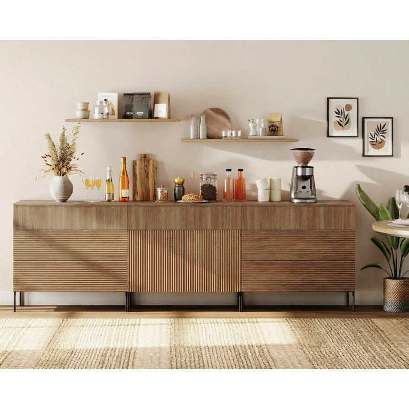 Buffet Aedham 94,5 "moderne en roseau minimaliste avec tiroirs et portes, armoire de rangement en bois 3-en-1, Noyer