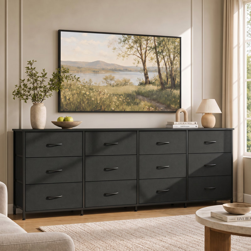 75.5'' Dresser for Bedroom, TV Stand for 85,80,75,65 Inch TV, 12 Drawer Long Fabric Dresser with Wood Top, Wide Entertainment Center Storage Chest for Living Room, Closet — Black, 12 Drawers