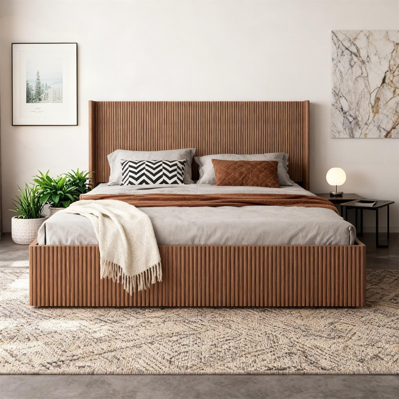 Queen Lift-Storage Platform Bed With Gas Lift, Wooden Slatted Frame, Rustic Brown Finish, No Box Spring Required, Noise-Free, Natural Wood Texture