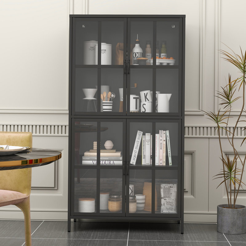 Armoire de rangement en métal noir de qualité supérieure avec portes en verre trempé, tablettes réglables