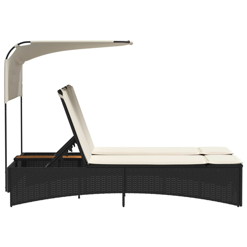 Double Sun Lounger With Canopy And Poly Rattan, Black, Cream White