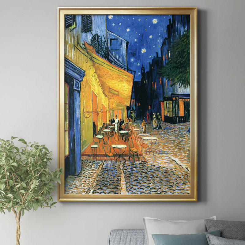 La Terrasse du Café - Tableau encadré en verre, grand format, idéal pour le salon, H 18,5 po x l 24,5 po x P 1,5 po, Doré