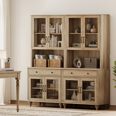 Bibliothèque Corretta 183 cm (H) x 172 cm (L) avec portes vitrées et tiroir, grande bibliothèque de style campagnard avec meuble bar pour salon, chambre, bureau ou cuisine, chêne