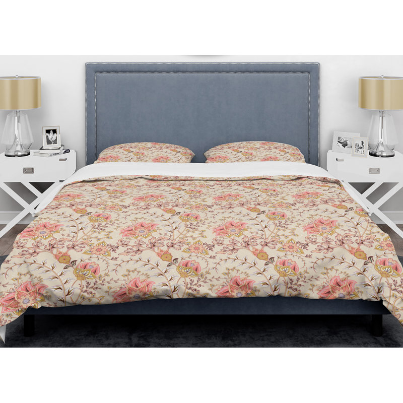 Retro Art Deco - Mid century bedding set - Modern Mid-century Bed cover set, King Duvet Cover + 2 Shams, Pink/Beige Floral