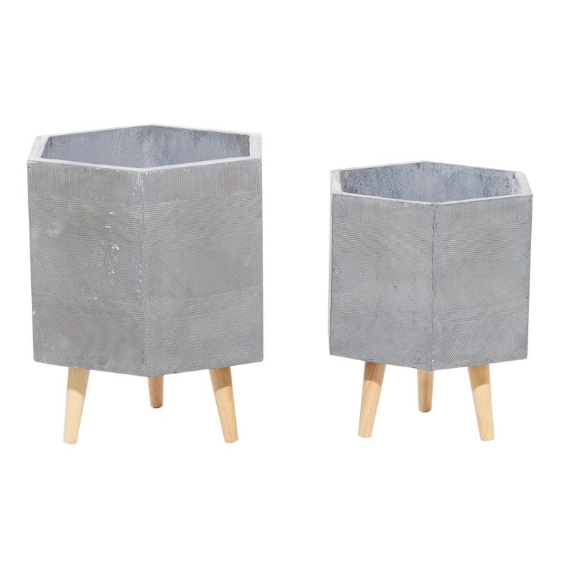 2 Piece Magnesium Oxide Indoor Outdoor Planter with Wood Legs Set, Gray