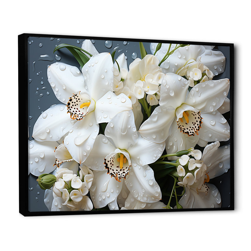 «White Orchids Still Life», reproduction d'art sur toile, H 30 po x l 40 po x P 1,5 po, Cadre flottant noir