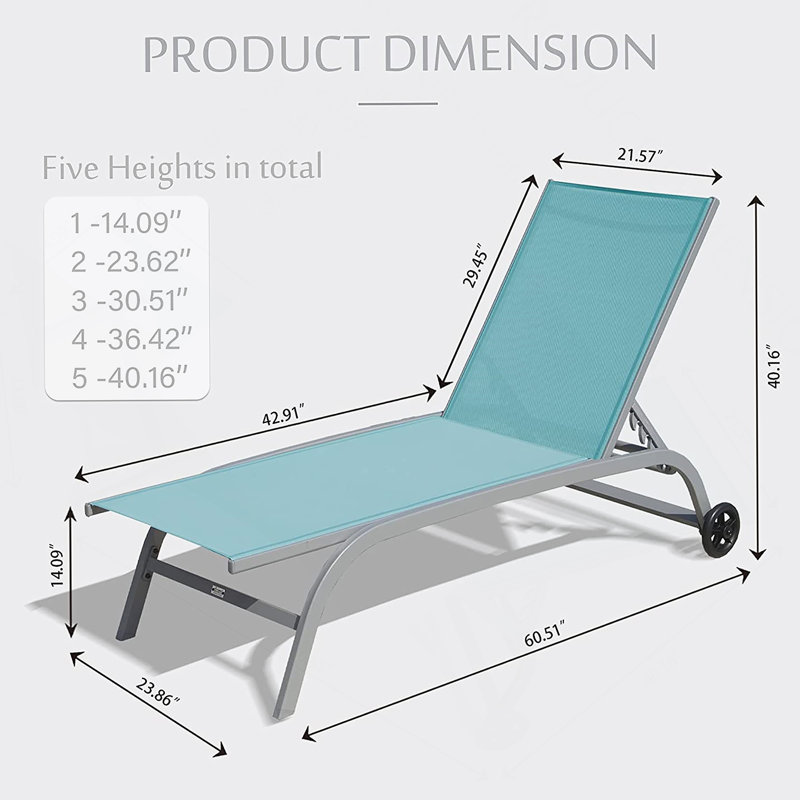 Chaise Lounge Outdoor, Lounge Chairs With Wheels, Outdoor Lounge Chairs With 5 Adjustable Position, 1, Lake Blue/Gray