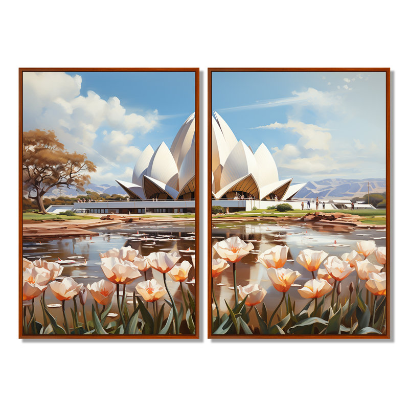 Art indien, temple du lotus - grand art mural indien, 2 pièces, Brown, 36" H x 48" W, Impression encadrée flottante