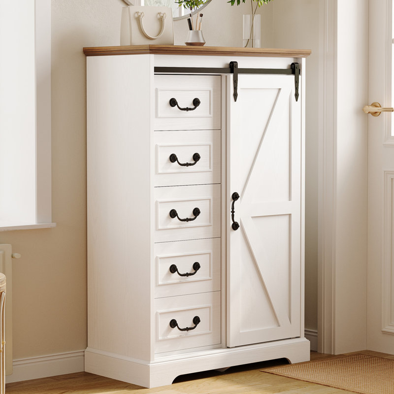 31.2" W Farmhouse Dresser with 5 Drawers, Bedroom Dresser with Sliding Barn Door, White Dresser for Bedroom and Entryway