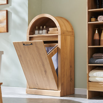  Modern Tilt Out Arched Laundry Basket Cabinet with Open Shelf,Fluted 10-Gallon Bathroom Laundry Storage Basket (Includes 1pc laundry basket)